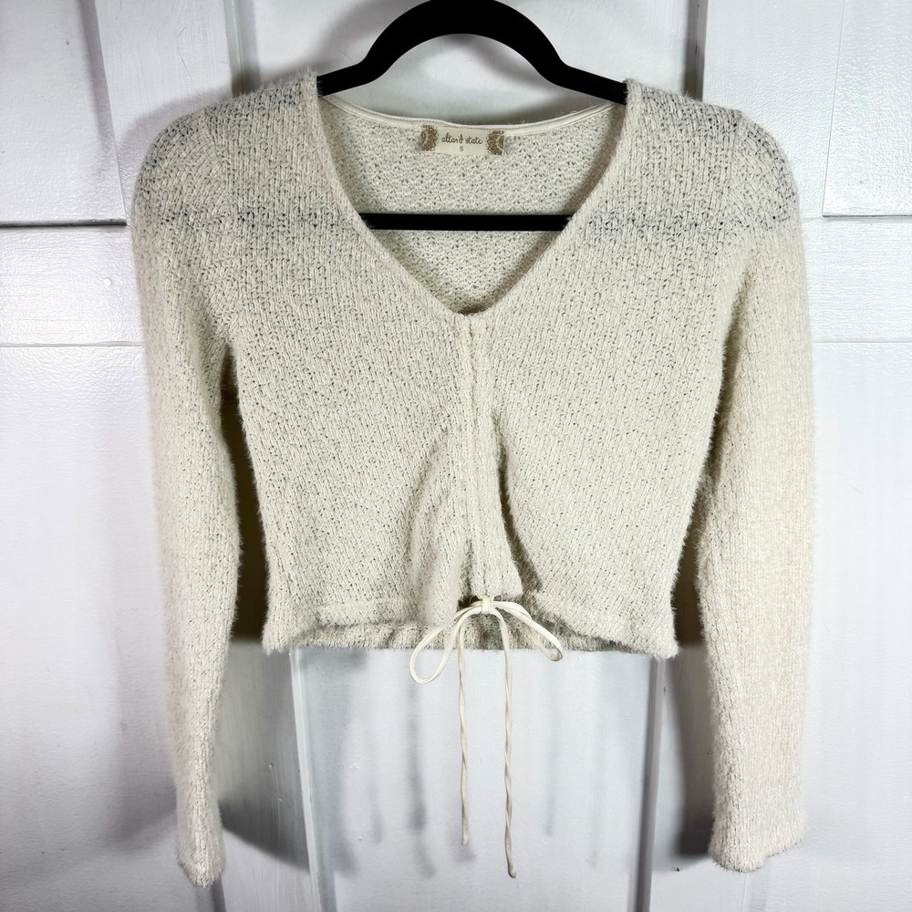 Altard State Cream Fuzzy Cropped V Neck Sweater Pullover Drawstring Size S‎